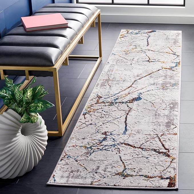 SAFAVIEH Amelia Collection Runner Rug - 2' x 6', Grey & Blue Gold, Modern Abstract Design, Non-Shedding & Easy Care, Ideal for High Traffic Areas in Living Room, Bedroom (ALA293M)