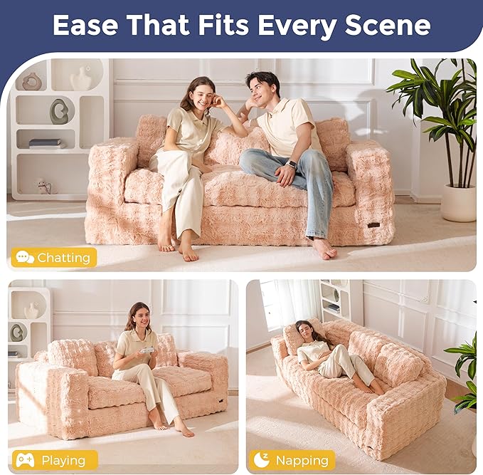 MAXYOYO 3 Seater Sofa for Living Room, Tufted Boneless Couch Bubbled Sofa Couch, Comfy Bean Bag Chair for Bedroom Apartment, No Assembly Needed, Pink