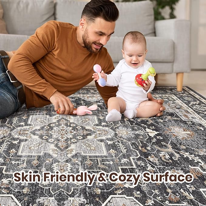 Vintage Living Room Area Rug 10x14 - Large Soft Washable Oriental Traditional Distressed Farmhouse Rugs for Bedroom - Indoor Floor Accent Carpet for Home Office House Decor - Black