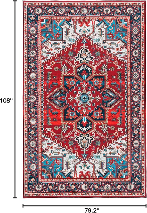 SAFAVIEH Washable Rug Tucson Collection - 6'6' x 9', Red & Blue, Slip Resistant & Easy to Clean, Ideal for Living Room, Bedroom, Dining Space (TSN101Q)