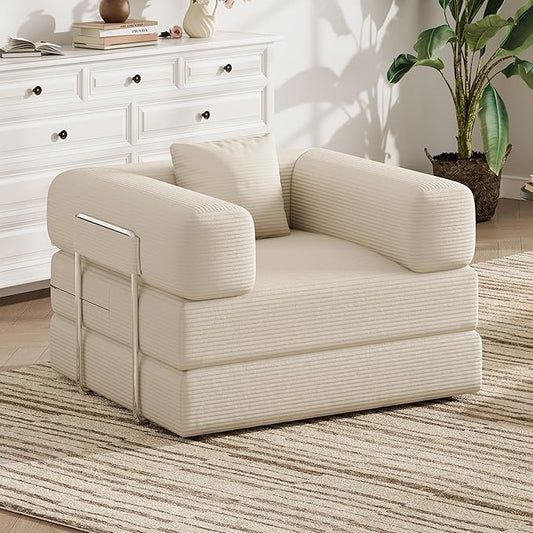 Folding Sofa Bed, 2 in 1 Convertible Sofas to Lounger Comfy Single Bean Bag Chair Floor Portable Foldable Sleeper Lazy Futon Couch Chair for Bedroom, Living Room (Beige, 35.43" Single Sofa)