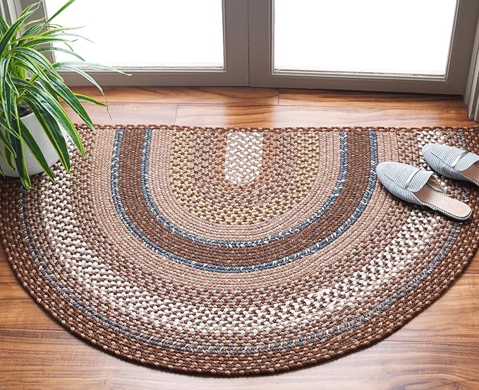 SAFAVIEH Washable Rug Outdoor Braided Collection - 2'6" x 4' Half Moon Shape, Brown & Multi, Handmade & Reversible, Non-Shedding & Easy to Clean, Entryway, Front Door, Kitchen, Mudroom (BRD313A)