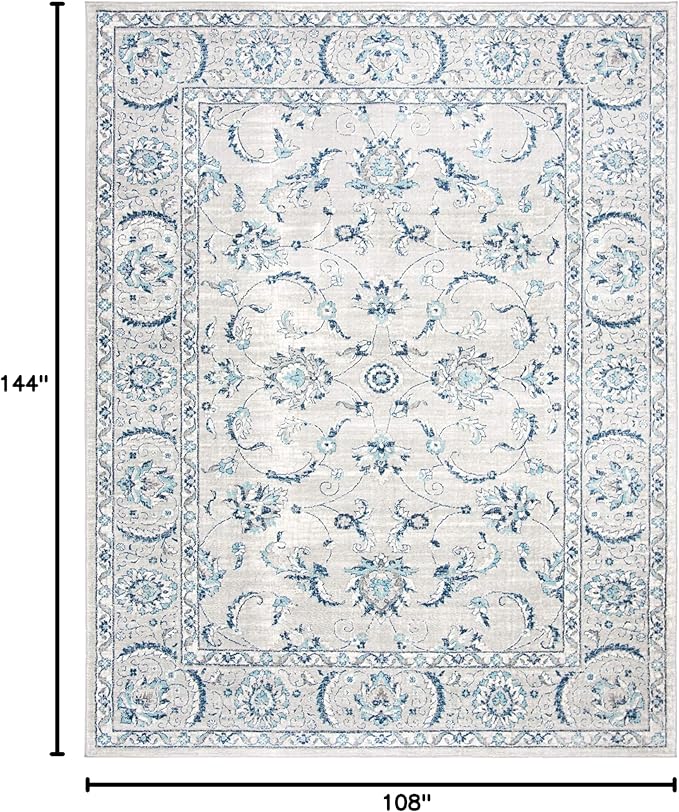 SAFAVIEH Brentwood Collection Area Rug - 9' x 12', Light Grey & Blue, Oriental Floral Scroll Design, Non-Shedding & Easy Care, Ideal for High Traffic Areas in Living Room, Bedroom (BNT854G)