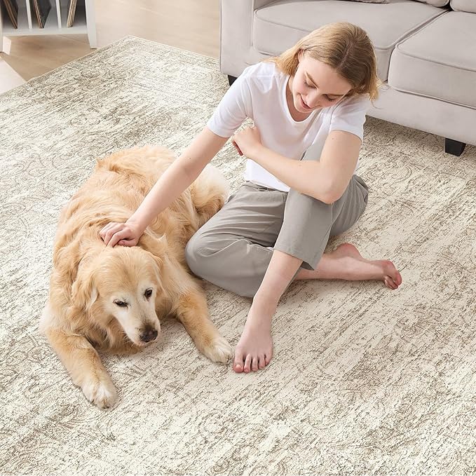Area Rug Living Room Rugs - 10x14 Abstract Large Soft Indoor Washable Rug Neutral Modern Low Pile Carpet for Bedroom Dining Room Farmhouse Home Office - Vintage Beige