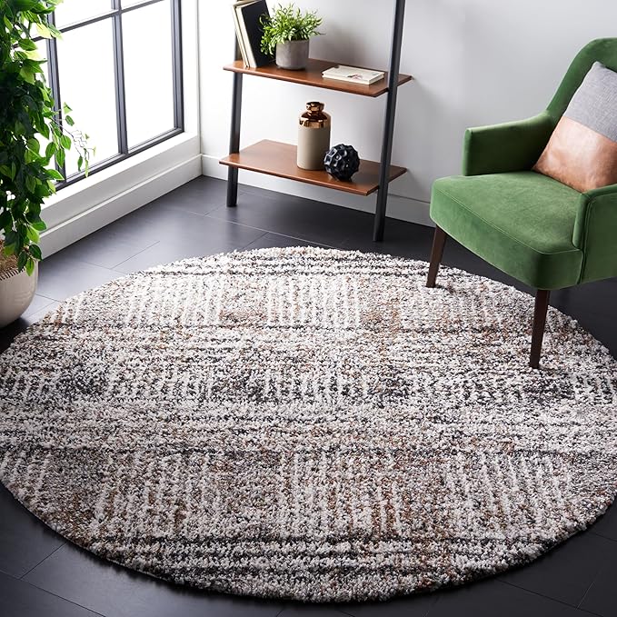 SAFAVIEH Jericho Shag Collection Area Rug - 5'3" Round, Black & Rust, Non-Shedding & Easy Care, 1.2-inch Thick, Ideal for The Living Room, Dining, Bedroom (JER100Z)