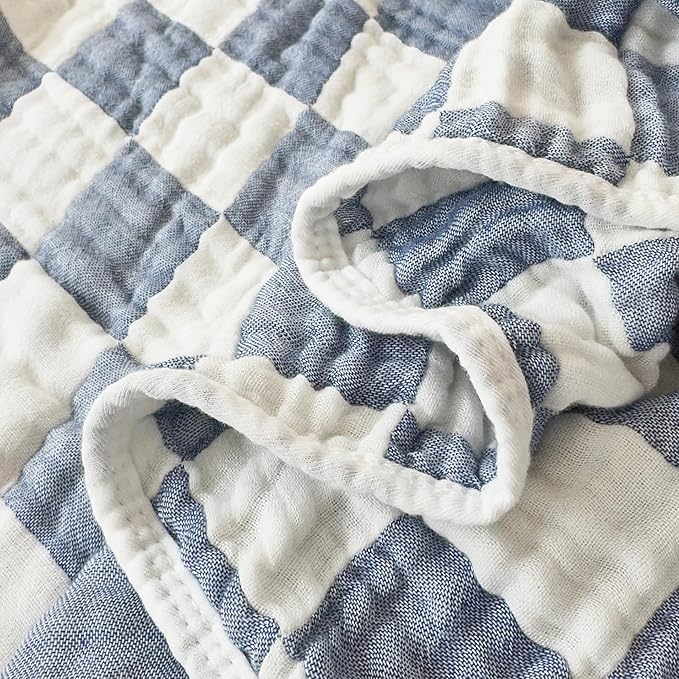 Ultra Soft Cozy 6-Layer Muslin 100% Cotton Checkered Throw Blanket Breathable Lightweight Checkboard Bed Blankets Decorative for Sofa Bed All Seasons Both Sides (Blue, Throw 50"x60")