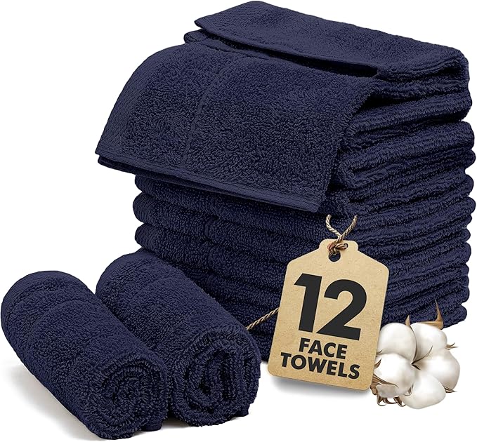 Face Towels Pack of 12 – 100% Cotton Wash Cloths (12x12 inch) – Soft, Quick Dry & Highly Absorbent Hand Towels for Bathroom, Spa, Gym, Kitchen and for Daily Use - (Navy Blue)
