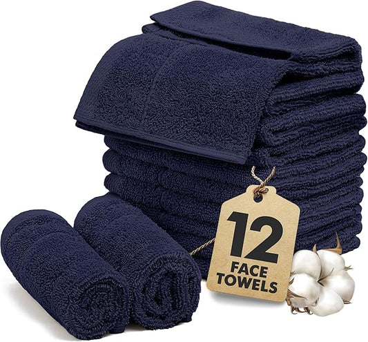 Face Towels Pack of 12 – 100% Cotton Wash Cloths (12x12 inch) – Soft, Quick Dry & Highly Absorbent Hand Towels for Bathroom, Spa, Gym, Kitchen and for Daily Use - (Navy Blue)