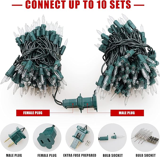 Hopolon 2 Pack 13ft 50-Count Clear Green Wire Christmas Light Set,Incandescent Mini Christmas Lights, Connectable 120V Clear Tree Lights for Wedding, Bedroom, Classroom, Porch Decor(2pcs Warm White)