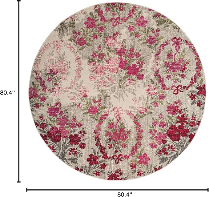 SAFAVIEH Monaco Collection 6'7" Round Ivory / Pink MNC205R Floral Non-Shedding Dining Room Entryway Foyer Living Room Bedroom Area Rug