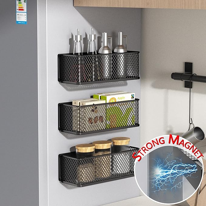 Magnetic Basket Bins Fridge Organizer Pencil Holder - Whiteboard Accessories for Home Kitchen Organization (Mesh Black-High)