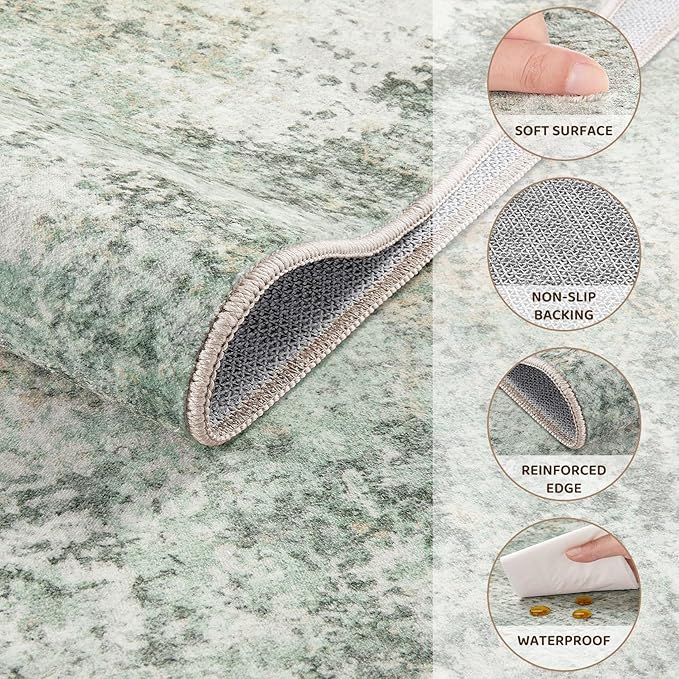 Area Rug Living Room Rugs - 9x12 Abstract Large Soft Indoor Washable Rug Neutral Modern Low Pile Carpet for Bedroom Dining Room Farmhouse Home Office - Green Grey