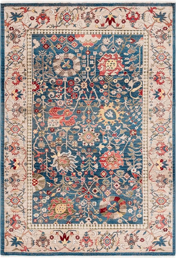 SAFAVIEH Kashan Collection Area Rug - 6'7" x 9', Blue & Tan, Traditional Design, Stain Resistant, Ideal for High Traffic Areas in Living Room, Bedroom & Dining Room (KSN303G-6)