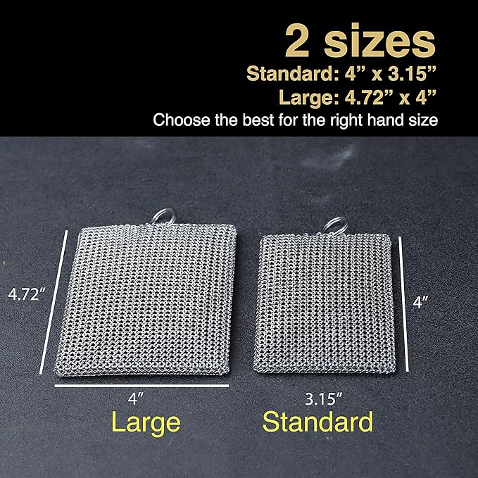 Cast Iron Cleaner Chainmail Scrubber -Fine Ring- 316 Stainless Steel Scrubbing Sponge Skillet – Dish Scrubber - Built-in Silicone with Welded Rings - for Cast Iron Pots, BBQ, Dishes (Standard)