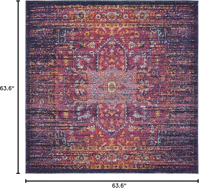 SAFAVIEH Evoke Collection Area Rug - 5'3" Square, Blue & Fuchsia, Oriental Medallion Distressed Design, Non-Shedding & Easy Care, Ideal for High Traffic Areas in Living Room, Bedroom (EVK275F)