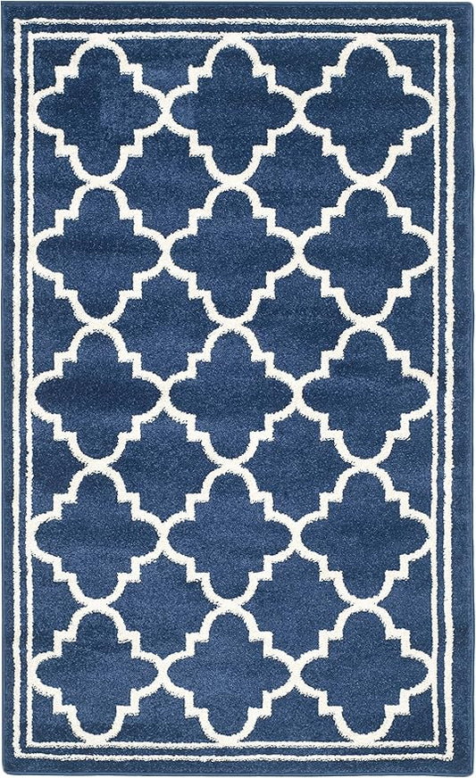 SAFAVIEH Amherst Collection Accent Rug - 2'3" x 5', Navy & Beige, Moroccan Trellis Design, Non-Shedding & Easy Care, Ideal for High Traffic Areas in Entryway, Living Room, Bedroom (AMT422P)