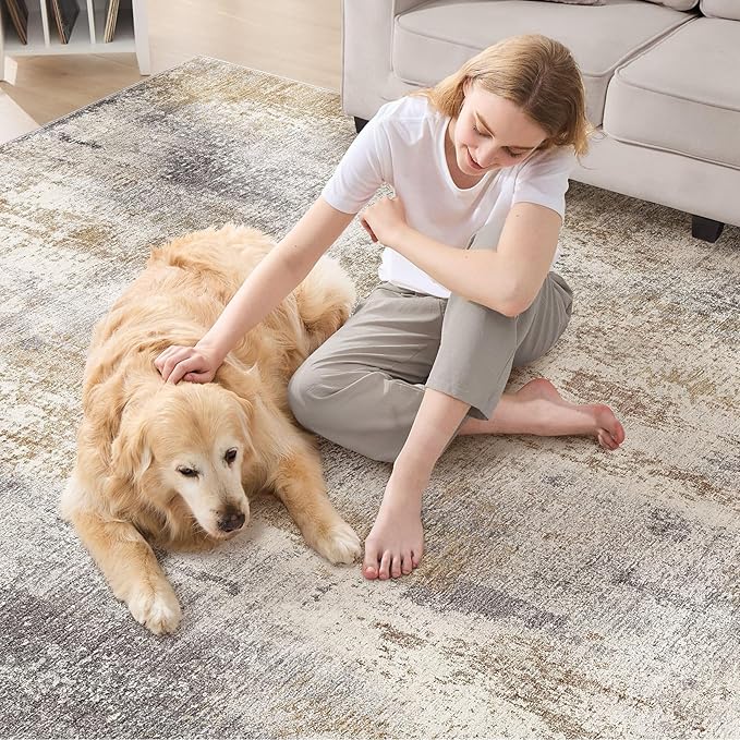 Area Rug Living Room Rugs - 10x14 Washable Large Soft Indoor Neutral Modern Abstract Low Pile Rug Carpet for Bedroom Dining Room Farmhouse Home Office - Brown Grey