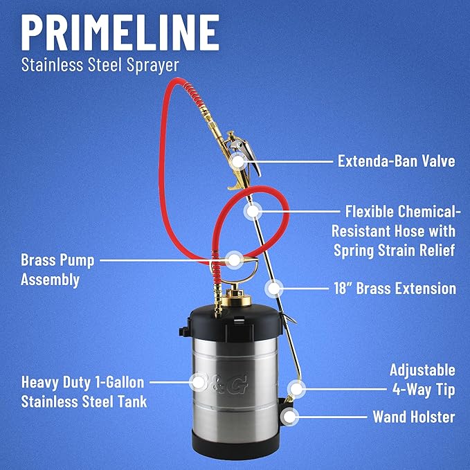B&G - Primeline 1 Gallon Stainless Steel Sprayer (N124-S-18) - Extenda-Ban Valve - 18" Brass Extension - 4-Way Tip - Durable, Precise, Field Repairable