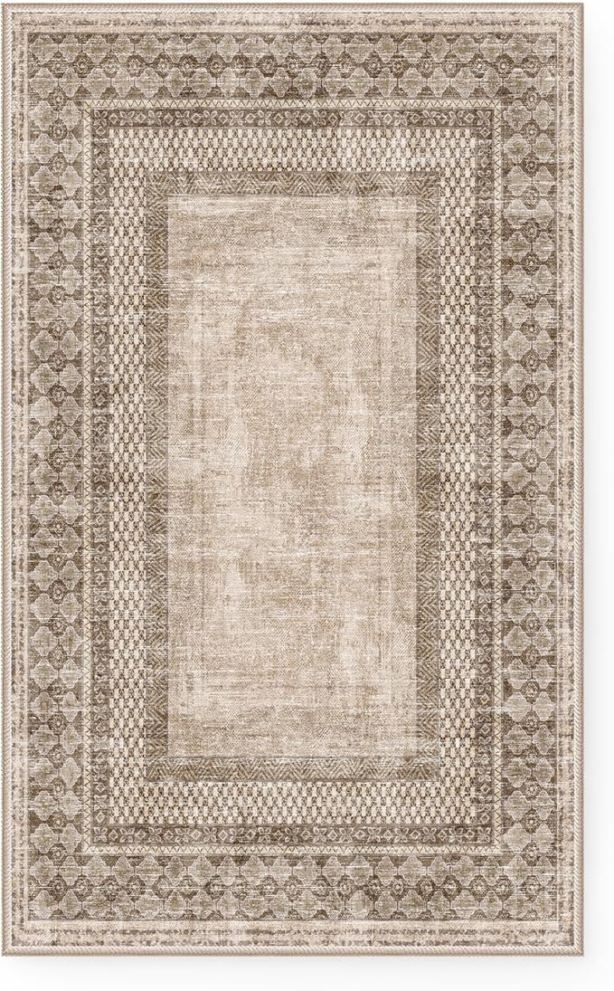 NICETOWN 5x8 Area Rug, Ultra- Thin Brown Oriental Washable Rug for Living Room, 5'x 8' Carpet for Bedroom, Non-Slip Stain Resistant Foldable Large Carpet Pet & Kids Friendly for Dining Room