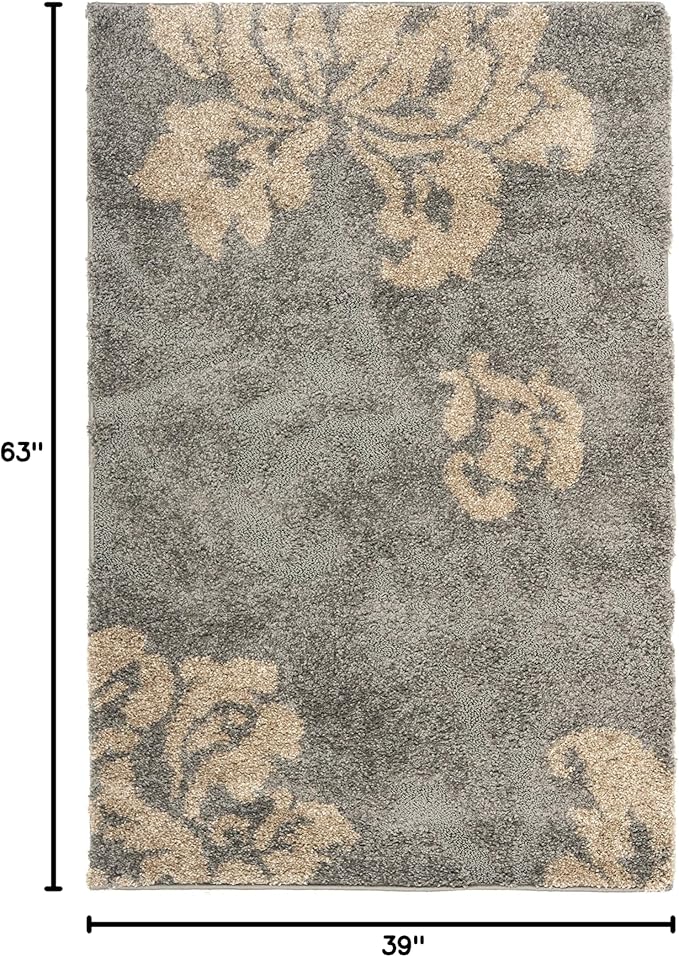 SAFAVIEH Florida Shag Collection Accent Rug - 3'3" x 5'3", Grey & Beige, Floral, Non-Shedding & Easy Care, 1.2-inch Thick Ideal for High Traffic Areas in Foyer, Living Room, Bedroom (SG458-8013)