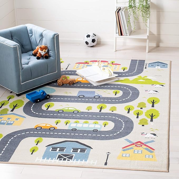 SAFAVIEH Washable Rug Kids Playhouse Collection - 3'3" Square, Beige & Green, Slip Resistant & Easy to Clean, Ideal for Kids Room, Playroom, Nursery, Boys & Girls Room (KPH227A)