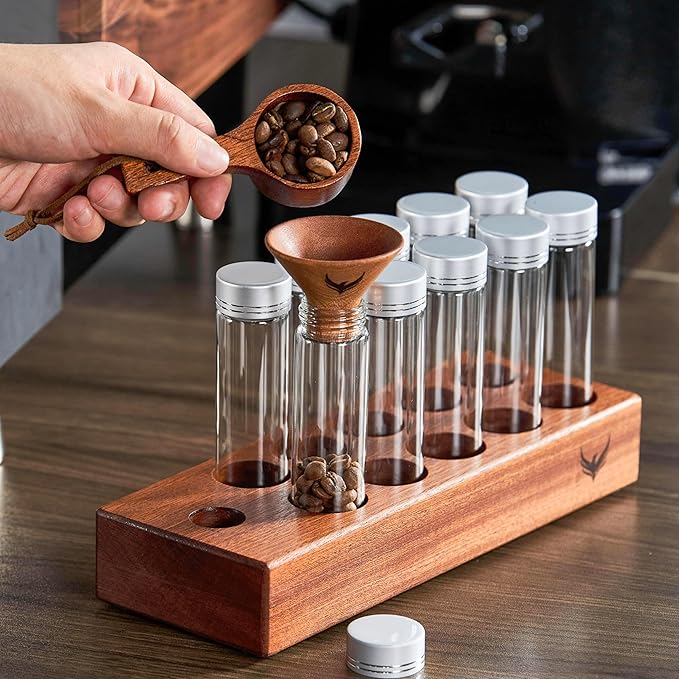 Coffee Storage and Dosing Cup Set - Single Dose Glass Tubes with Wooden Stand, Walnut Dosing Tray, and RDT Spray Bottle - Premium Coffee Preparation Set