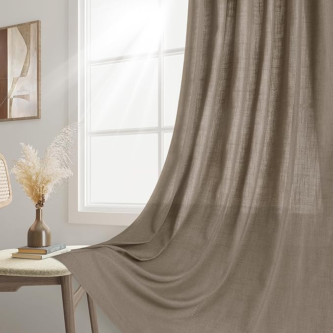 Joywell Dark Camel Back Tab Rod Pocket Linen Curtains 96 Inches Long 2 Panels for Living Room Bedroom Neutral Boho Farmhouse Rustic Light Filtering Semi Sheer Curtains Window Treatment 52x96