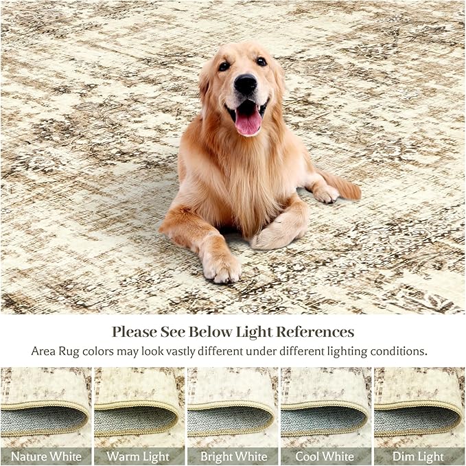 Madane 8x10 Area Rugs for Living Room, Machine Washable Vintage Natural Rug with Anti-Slip Backing, Soft Large Throw Rugs, Low Pile Carpet for Bedroom Dining Room Farmhouse Brown