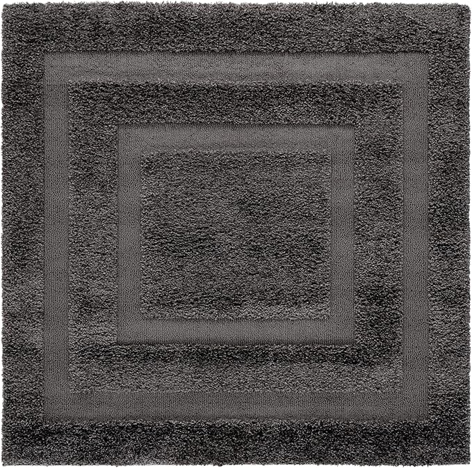SAFAVIEH Florida Shag Collection Area Rug - 4' Square, Grey & Grey, Border Design, Non-Shedding & Easy Care, 1.2-inch Thick Ideal for High Traffic Areas in Living Room, Bedroom (SG454-8080)