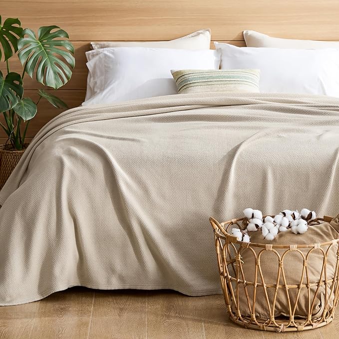 Bedsure GentleSoft 100% Cotton Blanket Twin XL Size for Bed - Breathable and Lightweight, Soft Cozy Textured Herringbone Woven Summer Blanket for College Dorm, Linen Beige, 66x90 inches