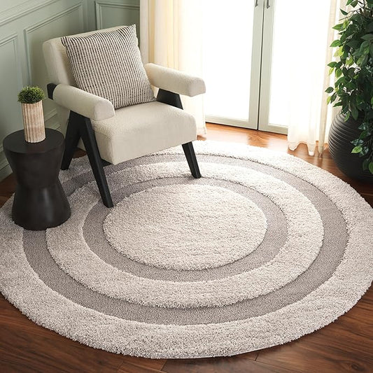 SAFAVIEH Florida Shag Collection Area Rug - 6'7" Round, Beige & Dark Beige, Non-Shedding, 1.2-inch Thick, Ideal for Living Room, Bedroom, Home Office, Dining Space (SG454-1317-7R)