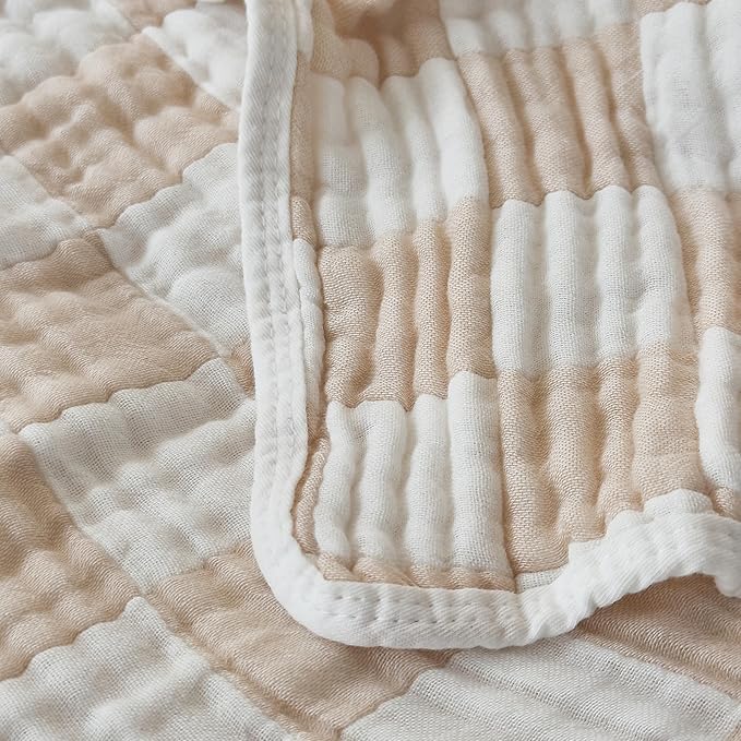 Ultra Soft Cozy 6-Layer Muslin 100% Cotton Checkered King Size 90"x104" Bed Blanket Breathable Lightweight Checkboard Bed Blankets Decorative for Sofa Bed All Seasons Both Sides Cream