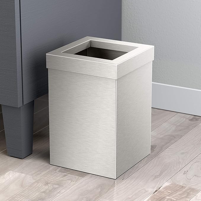 Gatco Small Bathroom Trash Can with Lid and Toilet Brush Set, Square 3 Gallon Stainless Steel Wastebasket, Under Sink, Satin Nickel, for Bathroom, Bedroom, Office (2971)