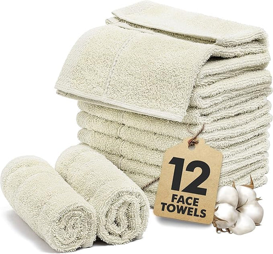 Face Towels Pack of 12 – 100% Cotton Wash Cloths (12x12 inch) – Soft, Quick Dry & Highly Absorbent Hand Towels for Bathroom, Spa, Gym, Kitchen and for Daily Use - (Ivory)