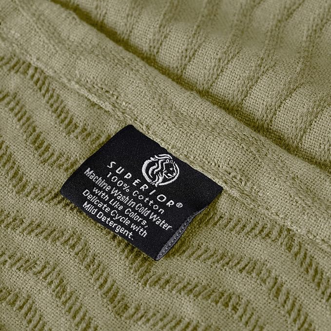 Superior JENA Cotton Blanket, for Picnic, Beach, Traveling or Camping, Bedroom Decor, Essentials, Cover for Bed, Couch, Lounging, Textured Jacquard, Modern Chevron Woven Blanket, Full/Queen, Sage