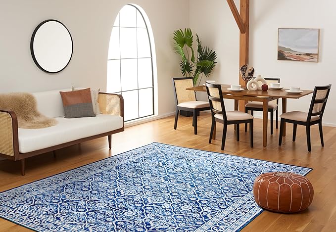 SAFAVIEH Brentwood Collection 12' x 18' Navy / Light Grey BNT870M Oriental Damask Trellis Non-Shedding Living Room Bedroom Dining Home Office Area Rug
