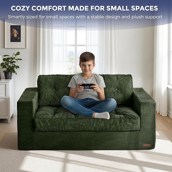 MAXYOYO Loveseat Sofa Couch, Upholstered Bean Bag Chair Cloud 2-Seat for Adults, Boneless Couch with Tufted Cushion & Pillows, Sofa in A Box, No Assembly Required, Dark Green