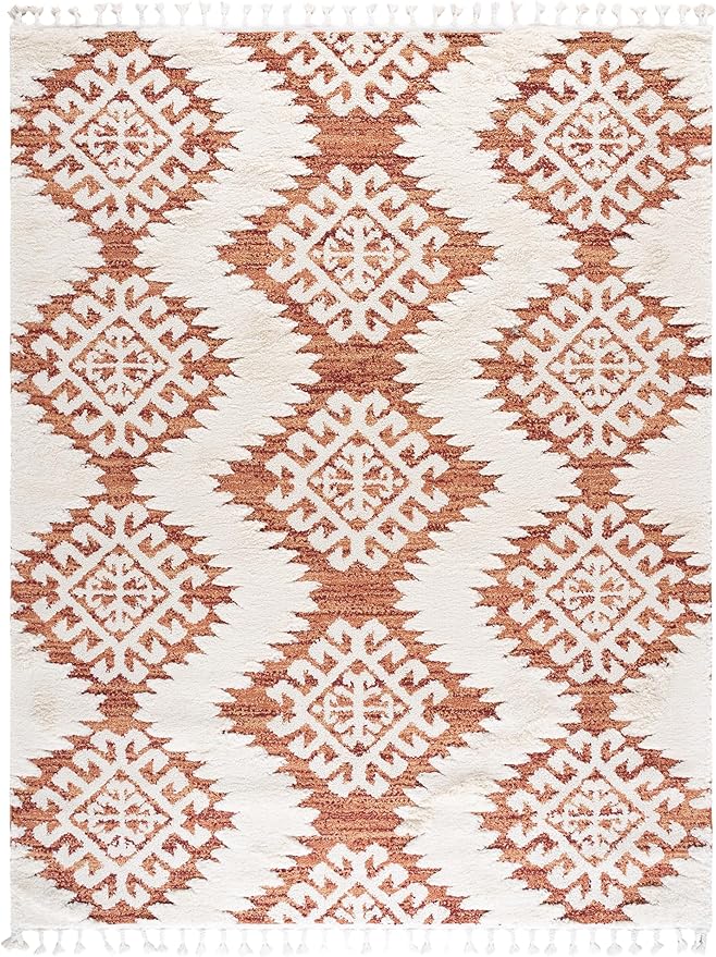 SAFAVIEH Area Rug 8x10 - Moroccan Tassel Shag Collection - Large - Orange & Ivory, Boho Design, Non-Shedding & Easy Cleaning, Plush Pile, Ideal for Living Room, Bedroom, Dining Space (MTS652P)