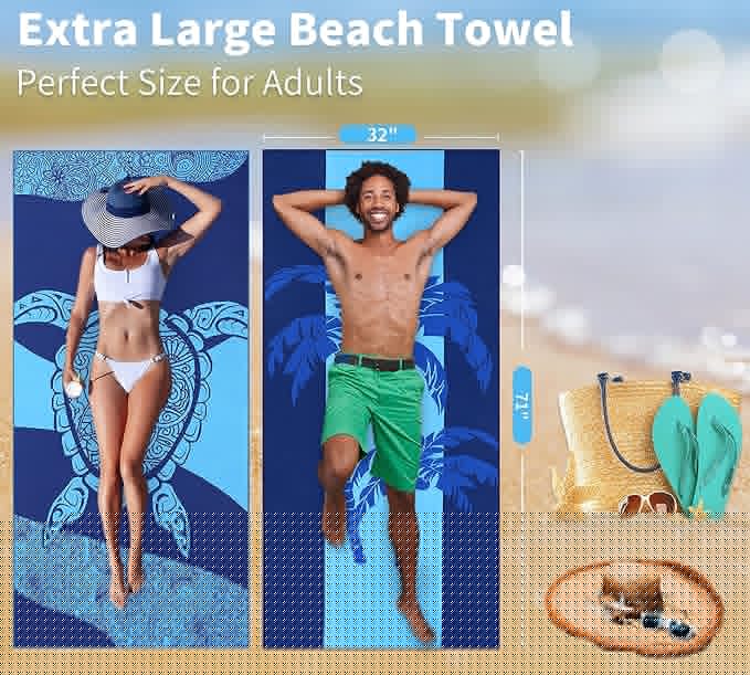 6 Pack Lightweight Thin Beach Towel Oversized 71"x32" Big Extra Large Microfiber Sand Free Towels for Adult Quick Dry Travel Camping Beach Accessories Gift Turtles Tie Dye Coconut Tree Mandala Stripe