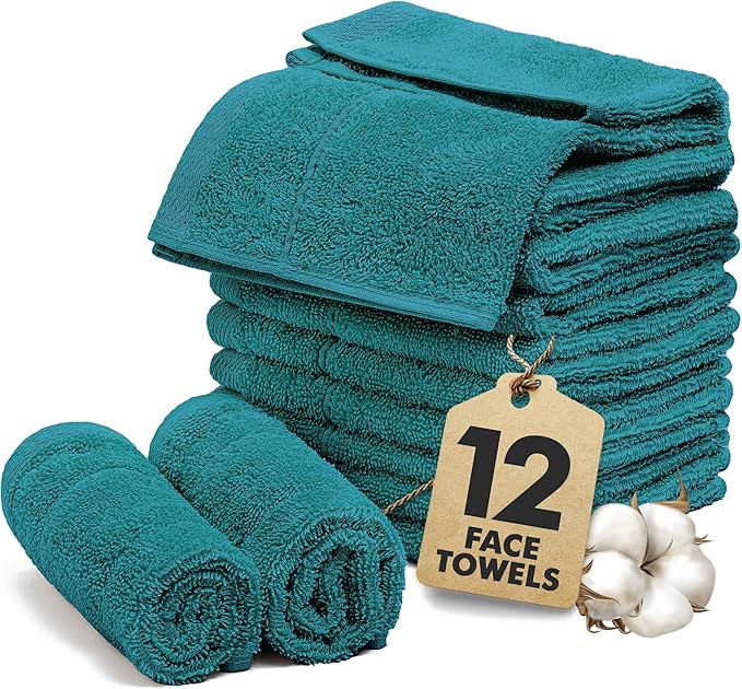 Face Towels Pack of 12 – 100% Cotton Wash Cloths (12x12 inch) – Soft, Quick Dry & Highly Absorbent Hand Towels for Bathroom, Spa, Gym, Kitchen and for Daily Use - (Teal)