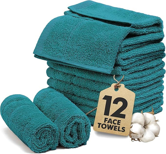 Face Towels Pack of 12 – 100% Cotton Wash Cloths (12x12 inch) – Soft, Quick Dry & Highly Absorbent Hand Towels for Bathroom, Spa, Gym, Kitchen and for Daily Use - (Teal)