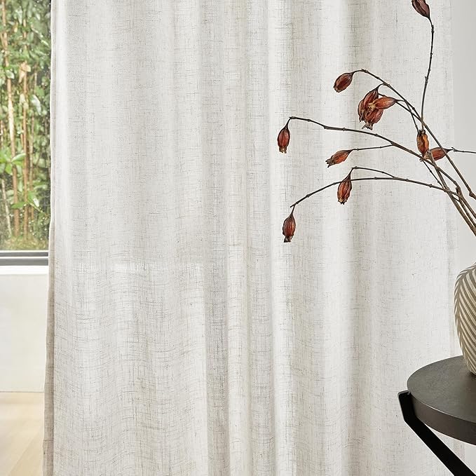 MYSKY HOME Farmhouse Kitchen Curtains 54 inches Long, Boho Curtain Panels Farmhouse Style Flax Linen Polyester Blend Texture for Home Decor, Light Soften Privacy Drapes, Linen, Pack-2