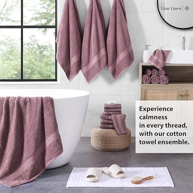 LANE LINEN 100% Cotton Towels for Bathroom - 18 Piece - Softer & Highly Absorbent - 4 Bath, 8 Wash Cloth, 6 Hand Towels - Perfect Family Set, Hotel Quality, Gentle on Skin - Wistful Mauve