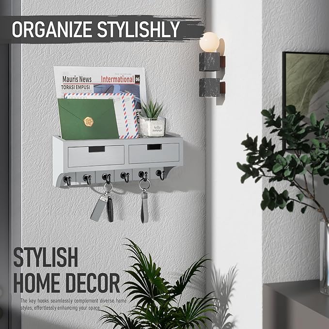 Rebee Vision Key Holder Wall Mount with 2 Drawer Organizer : Mail Organizer for Wall with 6 Key Hooks & Shelf - Stylish Apartment Essentials for Aesthetic Room Decor (Light Gray)