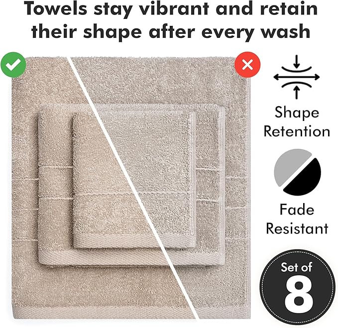 Bath Towels Set of 8 – 100% Cotton (Beige) Bathroom Towel Set Bale Includes 2 Bath, 2 Hand, 4 Face Towels – Soft, Absorbent & Quick Dry Towel for Bathroom, Spa, Kitchen, Hotel Use