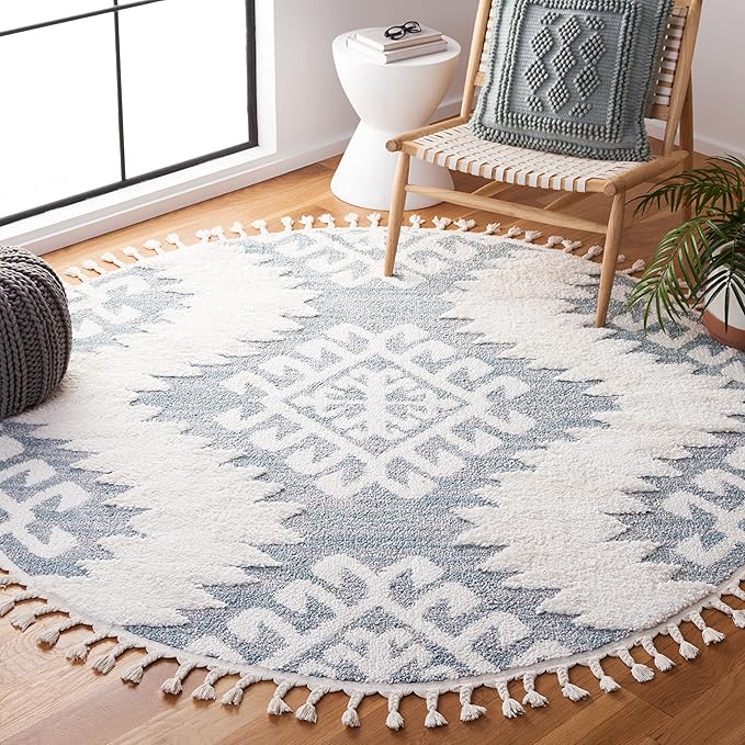 SAFAVIEH Moroccan Tassel Shag Collection Area Rug - 6'7" Round, Teal & Ivory, Trellis Design, Non-Shedding & Easy Care, 2-inch Thick Ideal for High Traffic Areas in Living Room, Bedroom (MTS652K)