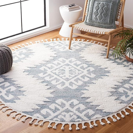 SAFAVIEH Moroccan Tassel Shag Collection Area Rug - 6'7" Round, Teal & Ivory, Trellis Design, Non-Shedding & Easy Care, 2-inch Thick Ideal for High Traffic Areas in Living Room, Bedroom (MTS652K)