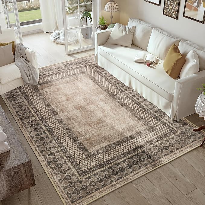 NICETOWN Machine Washable Faux Wool Rugs - 4x6 Area Rugs Ultra-Thin Carpet for Office, Study, Living Room Entryway with Non-Slip Backing, Distressed Large Carpet for Dining Room, Brown