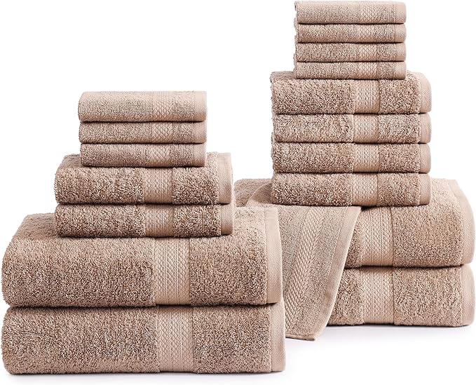 LANE LINEN 18 Piece Cotton Towel Set - Soft, Absorbent & Perfect Family Set - 4 Bath, 8 Washcloths, 6 Hand Towels for Bathroom - Ideal for Home, Spa & Gym - Quality You Can Trust - Taupe