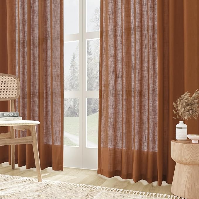 Joywell Terracotta Back Tab Linen Curtains 90 Inches Long 2 Panels for Living Room Bedroom Neutral Boho Farmhouse Rustic Light Filtering Semi Sheer Curtains Window Treatment 52x90